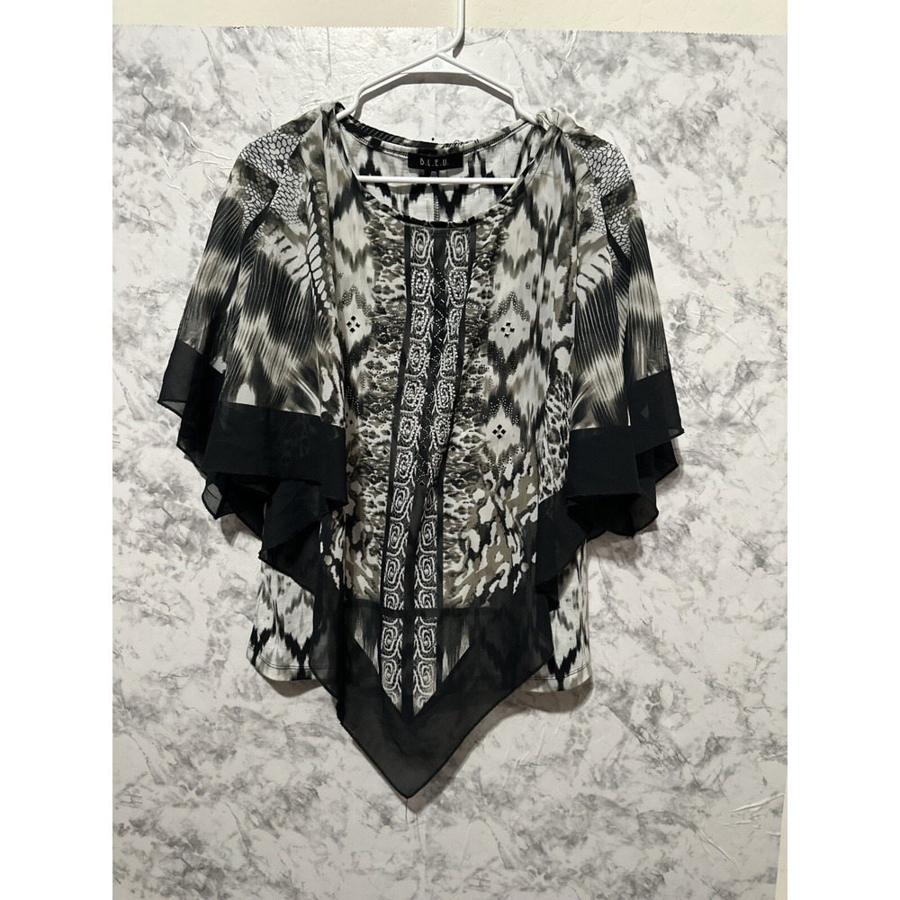B.L.E.U. Black & White Geometric Ikat Chiffon Layered Poncho Blouse - Medium